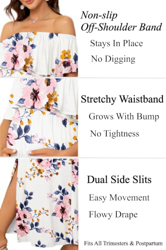 Off Shoulder Ruffle Sleeve Maternity Maxi Dress Side Slit - color: White Floral-hx131, size: Large