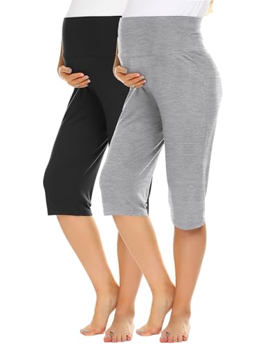 Ekouaer 2 Pack Maternity Capris Pregnancy Cropprd Pants Summer Shorts - color: Black/Light Grey, size: XX-Large
