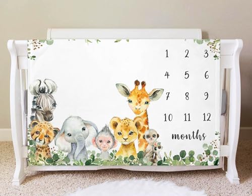 Safari Animals Milestone Blanket, Jungle Baby Growth Chart Monthly Blanket