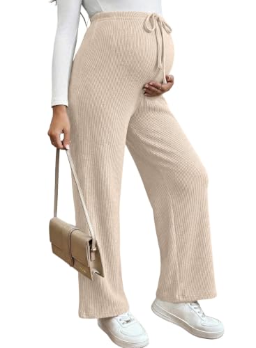 BLENCOT Maternity Pants Casual Stretchy Wide Leg Pregnancy Trousers - color: Apricot, size: Small