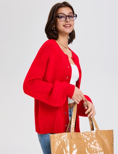 LOMON Womens Chunky Knit Cardigan Oversized Button Front Trend Sweater Tops - color: Red, size: Large