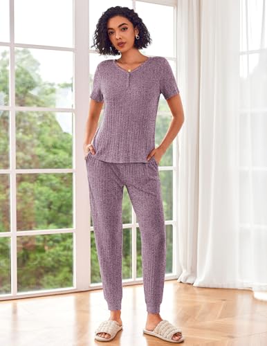 Ekouaer Pajama Sets for Womens 2 Piece Jogger Pants Lounge Set - color: Purple, size: Small