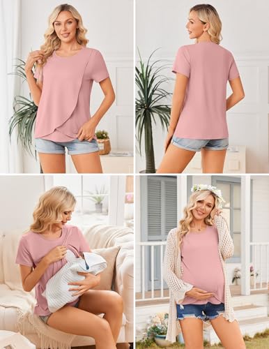 Ekouaer 3 Pack Nursing Shirts Short Sleeve Breastfeeding Tops Maternity Tee - color: Army Green/Black/Pink, size: Small