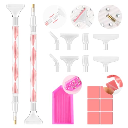 Rhinestone Picker Tool Kit: 2Pcs Rhinestone Picker Handle, Dual-Ended Rhinestones Applicator Dotting Pen with 12 Upgraded Plastic Replacement Tips, Clay, Bedazzling Tools for Nail Art Craft (Pink) - color: C-Pink/White