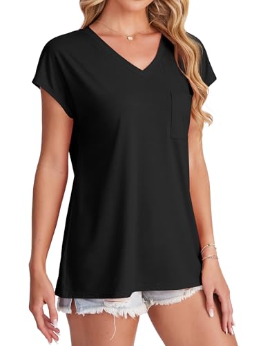 SAMPEEL Women's V Neck Cap Sleeve T-Shirt - color: Black, size: X-Large