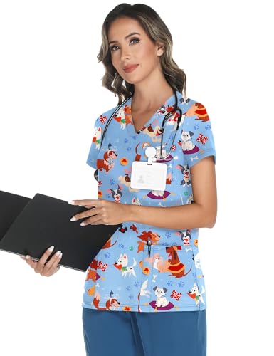 LOMON Women's V Neck Printed Scrub Top with 3 Pockets - color: Cute Dogs, size: Medium