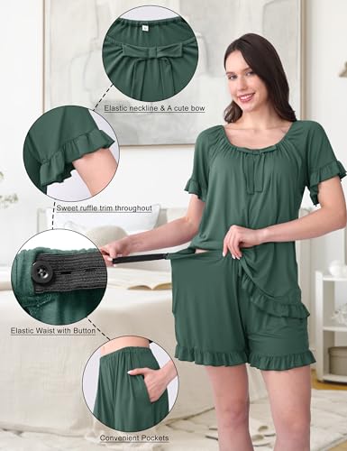 SUNNYBUY 3 PCS Ruffle Nursing Pajamas Set with Bow, Maternity Sleepwear - color: Teal, size: X-Large