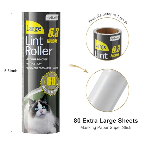 Fedicelly Lint Rollers Pet Hair Extra Sticky Furniture,Cat Dog Hair Remover Laundry Clothes Carpet, 6.3 inches Wider with 320 Sheets Large Lint Remover Brush for Couch - size: 1 Roller + 320 Sheets