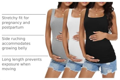 Ekouaer 3 Pack Maternity Tank Tops Square Neck Maternity Shirts - color: Black/Light Grey/White, size: Medium