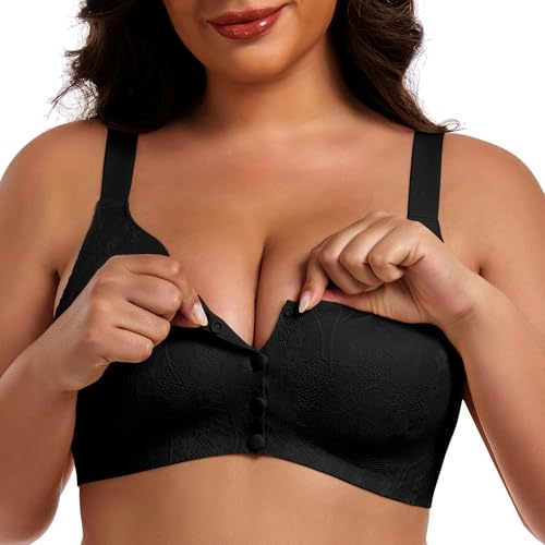 IWOLLENCE Womens Front Snap Closure Daisy Bras Soft Seamless Wireless Lace Bralettes Comfort Full Coverage Bra - color: Black, size: Large