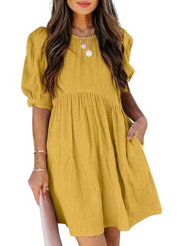 Dokotoo Womens Summer Crewneck Puff Sleeve Babydoll Mini Dress - color: 1 Yellow, size: Large