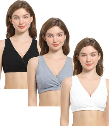CAKYE 3 Pack Cotton Maternity Nursing Bras Breastfeeding Sleep Bralette - color: A-black+grey+white/3pcs, size: X-Large