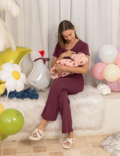 SUNNYBUY 3 PCS Maternity Nursing Sleepwear Set with Nightgown, Top & Pants - color: Burgundy, size: Medium