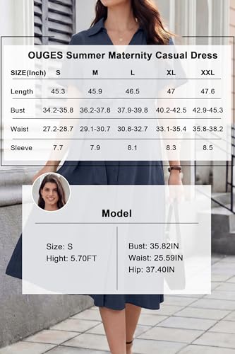OUGES Women's Summer Maternity Dress Collar V Neck Button Down Tie Waist Casual Midi Dresses with Pockets 2026 - color: Navy, size: X-Large