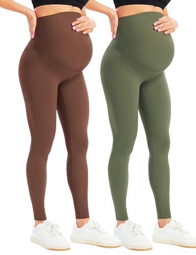 BONVIGOR Maternity Leggings for Women Over the Belly - color: No Pockets - Dark Coffee/Grey Olive, size: Medium