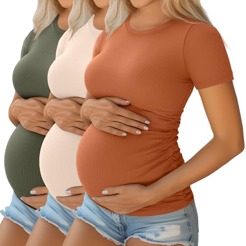 Ficerd 3 Pack Women's Short Sleeve Maternity Shirts - color: Light Army Green, Apricot, Pumpkin, size: Medium