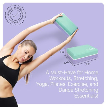 Yoga Blocks 2 Pack with Strap and Guide – Soft Non-Slip EVA Foam Blocks - color: Mint/Purple & Stretch Band Mint