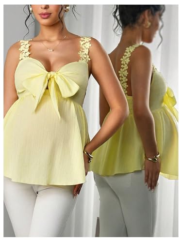 MakeMeChic Women's Maternity Blouse Bow Floral Lace Backless Sleeveless Shirred Boho Pregnancy Peplum Tops - size: Small