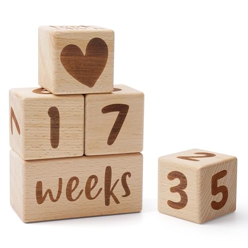 Baby Milestone Blocks – Wooden Monthly Age Blocks for Newborn Photography Props, 3 Number Cubes + 4 Time Blocks, Baby Shower Keepsake Gift