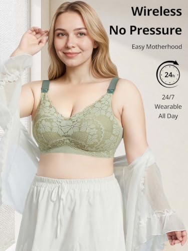Lace Nursing Bras for Breastfeeding, Plus Size Maternity Sleep Bra, Mulberry Silk Liner Pregnancy Bra Wirefree Bralette - color: Green, size: Medium