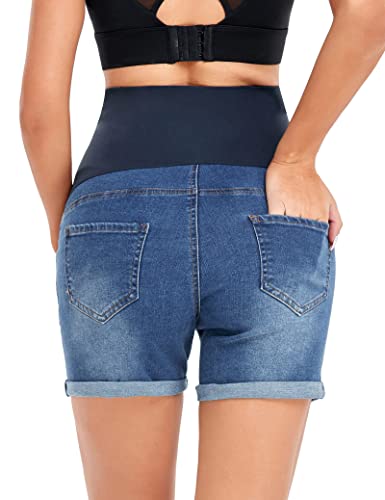 HOFISH Maternity Denim Jeans Shorts, Over-Belly Pregnancy, Super Stretchy - color: Navy, size: Medium