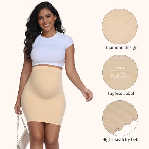 Women's Maternity Pencil Skirt Over Belly, High Waisted Solid Stretchy Pregnancy Shapewear Dress Bump Support 2-Pack - color: Beige, size: Small
