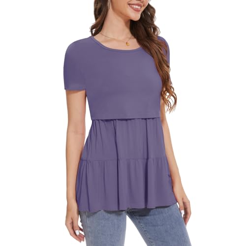 Bearsland Short Sleeve Nursing Top - color: Purple & Khaki & Green-white Flower, size: Medium