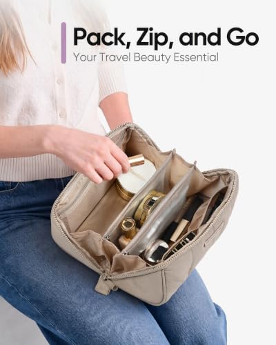 NISHEL Travel Makeup Bag for Women, Khaki - color: Khaki, size: Medium