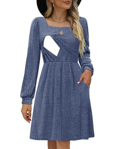 CzzzyL Womens Nursing Fall Dresses Square Neck Knit Sweater with Pockets - color: Blue, size: Small