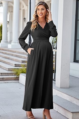OUGES Women's Wrap Pregnancy Maxi V Neck Fall Baby Shower Maternity Dress - color: Black, size: X-Large