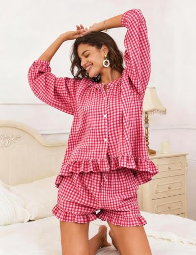 Flygo Womens Gingham 2 Piece Pajama Sets Y2K Cotton Ruffle Short Sets - color: Wine, size: Medium