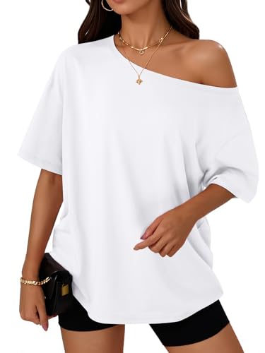 Trendy Queen Womens Off the Shoulder Tops Oversized Summer T-Shirts 2026 - color: White, size: XX-Large
