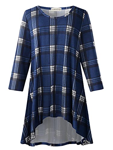 LARACE Womens Plus Size 3/4 Sleeve High Low Swing Tunic Tops - color: 1-navyblue_plaid, size: Large