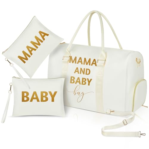 MAMA Hospital Bag for Women Labor and Delivery 45L Large Waterproof Travel Bag Overnight Bag with Shoe Compartment - color: White-gold( Baby)