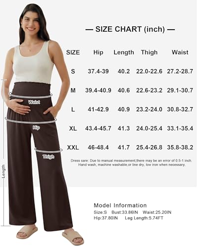 OUGES Womens Lyocell Cotton Maternity Pants Over Belly Smocked Waist Stretchy Casual Wide Leg Palazzo Pants with Pockets - color: Dark Brown, size: Large