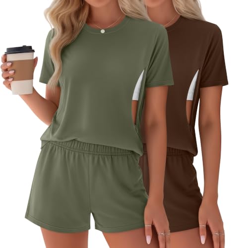 Riyiper 2 Packs Women's Nursing Pajamas Set - color: Gray Green, Brown, size: Medium