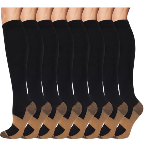 8 Pairs Compression Socks Women Men 15-20mmHg Knee High Support Circulation - color: 022 - Copper Black/Black/Black/Black/Black, size: Small-Medium