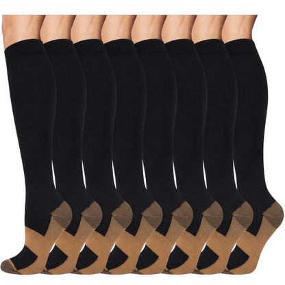 8 Pairs Compression Socks Women Men 15-20mmHg Knee High Support Circulation - color: 022 - Copper Black/Black/Black/Black/Black, size: Small-Medium