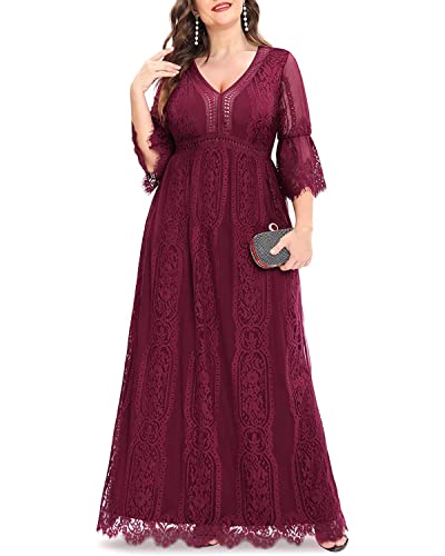 Plus Size Wedding Dresses Boho Lace Formal Bohemian Fall Long Dress - color: Burgundy, size: 22 Plus
