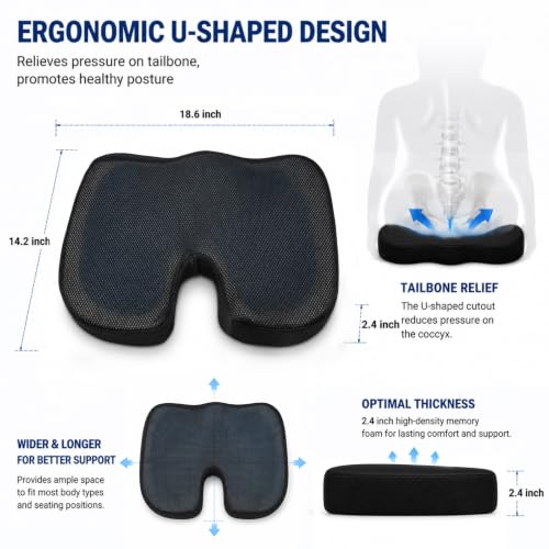 Cooling Ergonomic Memory Foam Seat Cushion, Breathable Mesh Cover, Black - color: Mesh Balck