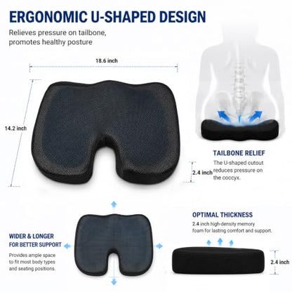 Cooling Ergonomic Memory Foam Seat Cushion, Breathable Mesh Cover, Black - color: Mesh Balck
