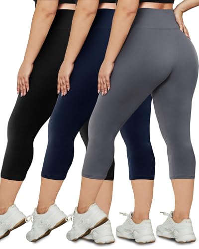 HLTPRO 3 Pack Plus Size Leggings for Women, High-Waisted and Stretchy - color: Black/ Grey/ Navy Blue, size: Large-X-Large Plus