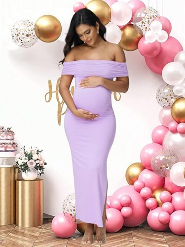 Women's Maternity Mesh Off Shoulder Party Long Dress Baby Shower - color: Violet, size: Medium