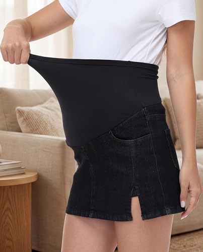 Maternity Jean Skirt Stretchy Denim Skorts - color: Washed Black, size: X-Large