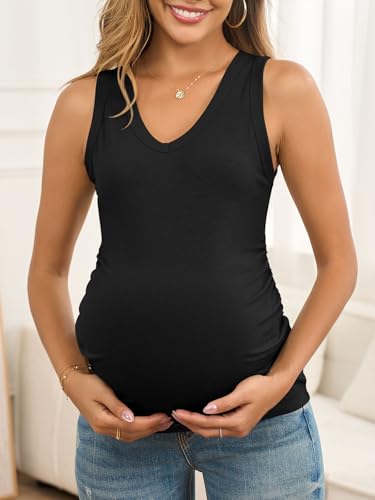 FMEYOA Maternity Tank Tops V Neck Ribbed Knit Sleeveless Maternity Shirts - color: Black, size: Large