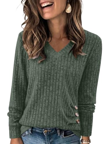 Sampeel V Neck Long Sleeve Shirts Button Side Sweaters Color Block Tops - color: Green, size: X-Large