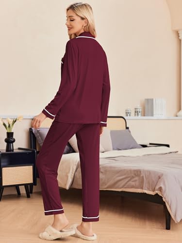 Ekouaer Pajamas Womens Long Sleeve Sleepwear Button Down Loungewear Pjs Set - color: Wine Red, size: X-Small