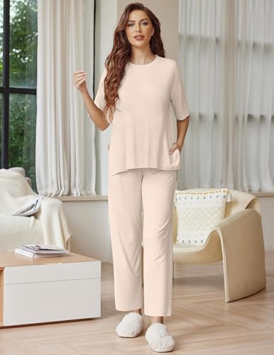 Ekouaer Lounge Sets for Women Soft Comfy Pajama Set 2 Piece Outfits - color: Beige, size: Medium