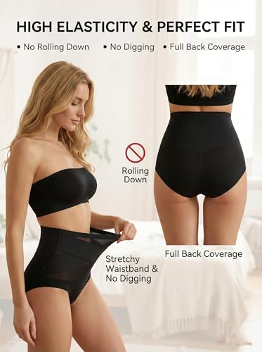 newnice High Waisted Underwear for Women: Tummy Control No-Ride-Up Briefs - color: Black, Black, Beige, Beige, size: Medium
