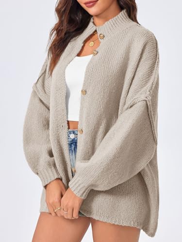 Saodimallsu Womens Oversized Cardigans Long Lantern Sleeve Button Down Chunky Knit Loose Fall Sweater Coats - color: Khaki, size: X-Large